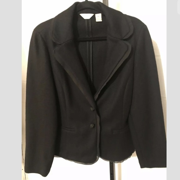 J Jill Wool Blazer Jacket Black Chiffan Trim Snap - Picture 1 of 7